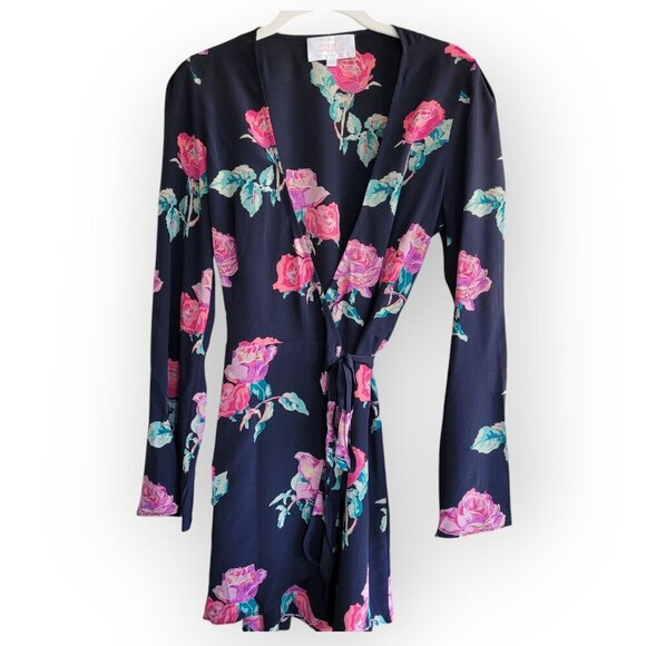 Stone Cold Fox l/s black tropical 100% silk wrap minidress size XS Spring Summer - Picture 3 of 11